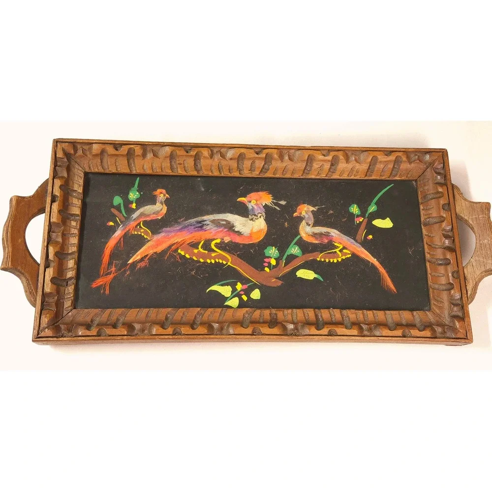 Vintage Mexican Feather Art Hand Carved Wood Bird Painting Folk Art Serving Tray